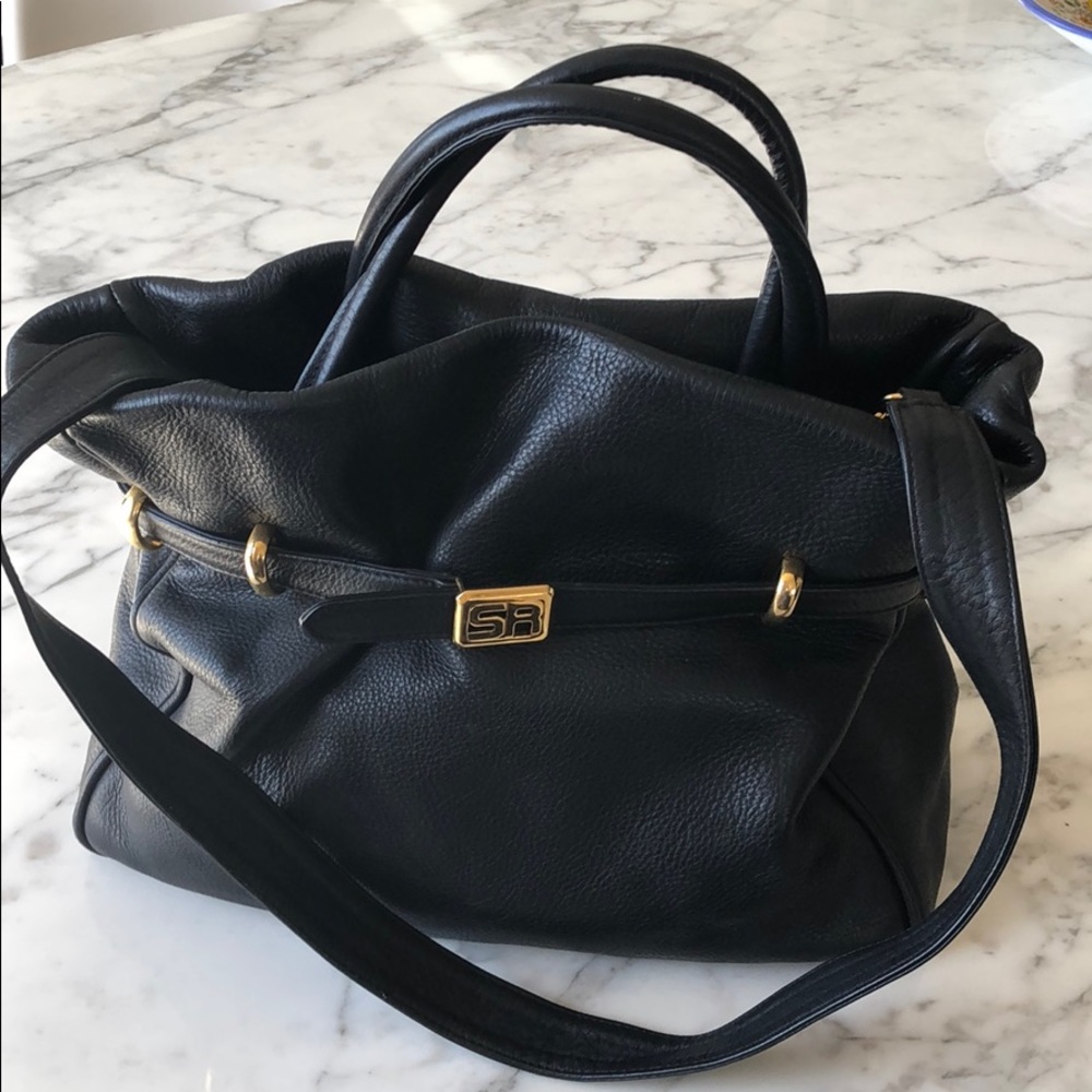Black Leather Tote Bag with Gold Accents
